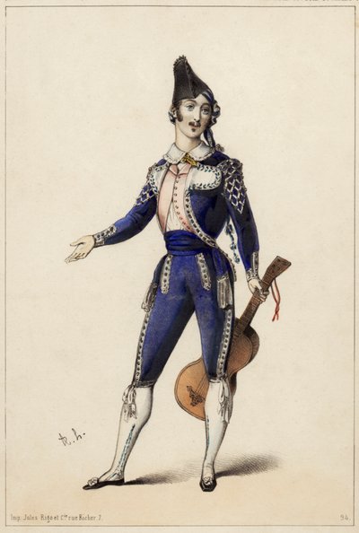 Giorgio Ronconi i rollen som Figaro i Gioacchino A. Rossinis opera Barberaren i Sevilla av Unknown artist