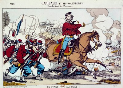 Giuseppe Garibaldi (1807-1882) kämpar med sina frivilliga mot preussarna. ”Fram, leve Frankrike” Omkring 1871. Gravyr B.N. Paris av Unknown artist