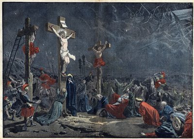 Långfredag: Jesu Kristi korsfästelse (Jesus Kristus). Illustration i "" le Pelerin"" den 3 april av Unknown artist