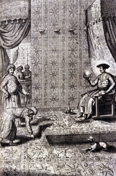 Grand Moghol (Mogol eller Moghul) (troligen Aurangzeb (1618-1707), även känd som Alamgir): Throne Hall. "De China Monumenta" av Athanasius Kircher (1601 - 1680), jesuit, orientalist och tysk forskare, Amsterdam 1667. av Unknown artist