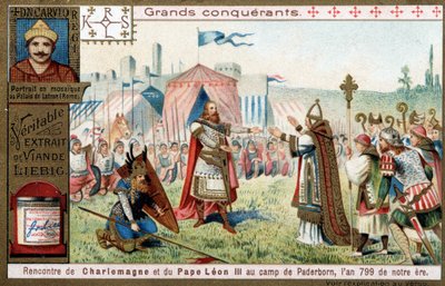Stora erövrare: porträtt av Karl den Store (742 eller 747-814) och hans möte med påven Leon III (750-816) i Paderborn-lägret (Tyskland), 799 - Liebig-kromolitografi av Unknown artist