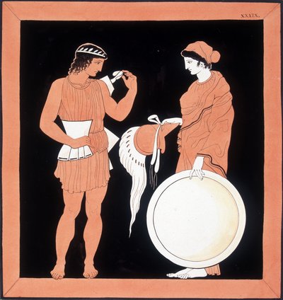 Grekisk mytologi: Andromaque presenterar vapnen för sin man. av Unknown artist