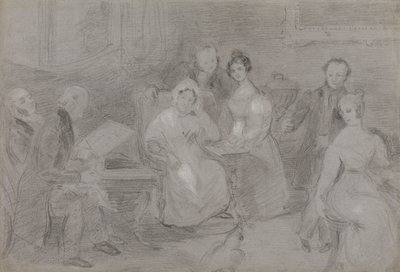 Grupp av figurer, med en man som målar i akvareller och en flicka som räcker koppar te av Unknown artist