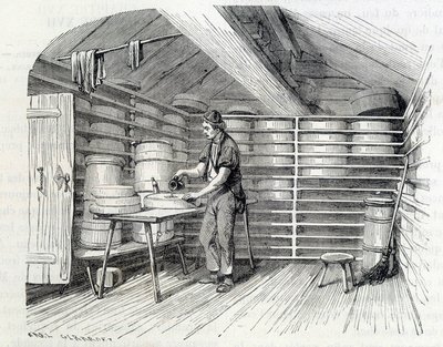 Gruyère ostbutik i en schweizisk chalet (tvättar skorpen) - i "" Industrins underverk"" av Louis Figuier av Unknown artist
