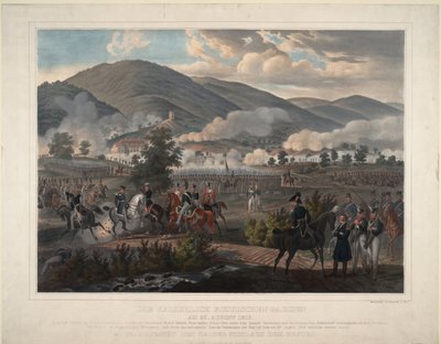 Napoleonkrigen: slaget vid Kulm (nu Chlumec) i Böhmen (Tjeckien) den 30/08/1813 - Ryska livgardets regemente i slaget vid Kulm den 29 augusti 1813 - Anonym - ca 1813 - Färglitografi - 59x75,6 -Privat samling av Unknown artist