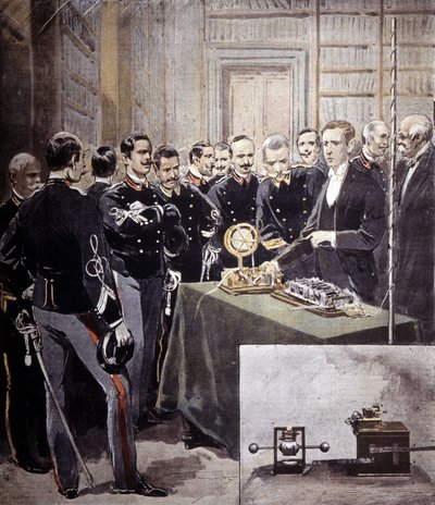 Guglielmo Marconi presenterade den trådlösa telegrafen (TSF) vid en konferens på ministeriet för marinen 1897. av Unknown artist