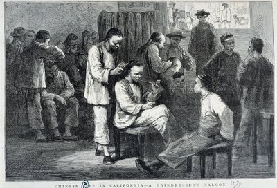 Frisörsalong i det kinesiska samhället Kalifornien - gravyr av Unknown artist