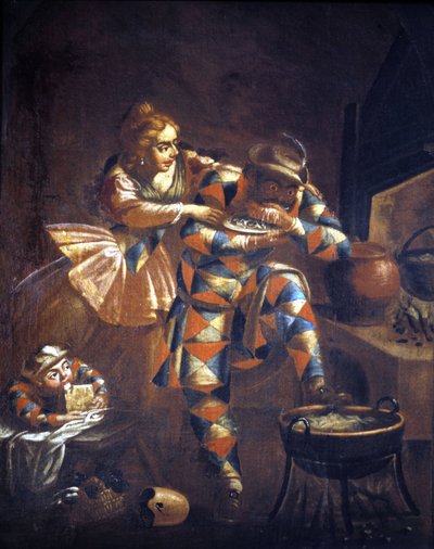 Harlekin frossare. Han försöker alltid fånga något att äta, en symbol för de senaste århundradenas elände. Målning 1700-tal. . Milano av Unknown artist
