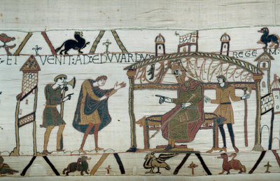 Harold, som återvände till England, efter sin ambassad hos hertigen Vilhelm Erövraren (1027-1087), reciterade sin resa till kung Edward Bekännaren. Detalj av Bayeux-tapet eller broderi av drottning Mathilde av Unknown artist