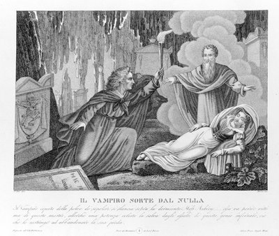 Himmelsk hämnd - enligt den nya "" The Vampire"" som först tillskrivs Lord Byron (1788-1824), engelsk poet. sedan till sin sekreterare Polidori. 1816. av Unknown artist