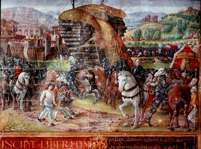 Hebreiska riddare ledda av David går på miniatyrfilistéerna från manuskriptet Ms. Plut. 15/17, f. 3 "" Incipit Liber Hymnorum"" 1400-talets Florens, Biblioteca Laurenziana, av Unknown artist