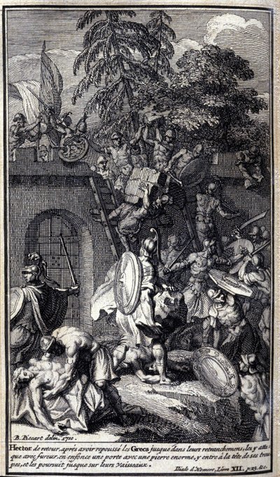 Hector, tillbaka efter att ha knuffat grekerna tillbaka till sina skansar, attackerar dem med raseri, sänker en dörr med en enorm sten, går in i den i spetsen för sina trupper och förföljer dem till deras skepp. Illustration av bok XII av Iliaden av Homere av Unknown artist