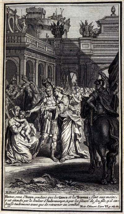 Hector, som kom till Troyes medan grekerna och trojanerna var i deras händer, drabbades av Andromaques smärta och av gråten från sin son, som han kysste ömt innan han återvände till striden. Illustration av bok VI av Iliaden av Homere, Fren av Unknown artist