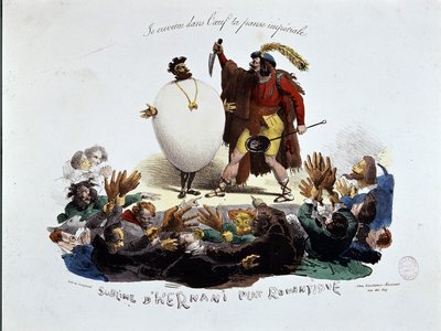 Hernanis sublima, romantiska maträtt - tecknad film om Victor Hugos pjäs "" Hernani"" ("Slaget vid Hernani"), anonym litografi av Unknown artist