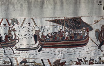 Kapat av stormen strandade Harold II:s (1022 - 1066) skepp vid Ponthieu-kusten - Bayeux Tapestry, känd som Broderi av drottning Mathilde av Unknown artist