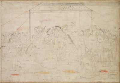 Hinduiska guden Krishna som är klädd i kvinnokläder för vårfest Holi av Unknown artist