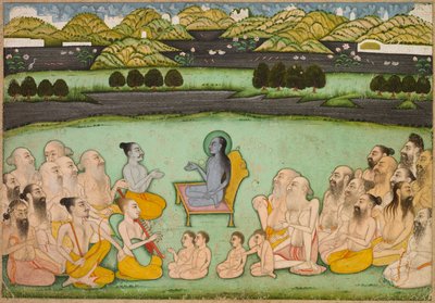 Hinduisk gud Krishna talar med äldste av Unknown artist