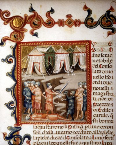 Historiae romanae decennier (= grupper om 10 böcker) (i fransk historia om Rom från dess grundande till 292 f.Kr.) av Titus Live (Titus Live) eller Titus Livius på latin (-59 - 17). Miniatyr som representerar den romerska erövringen. sd. 1300-talet. av Unknown artist
