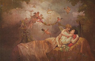 Historiskt gratulationskort med änglar för att ge lycka till en kvinna, kitschigt-romantiskt av Unknown artist