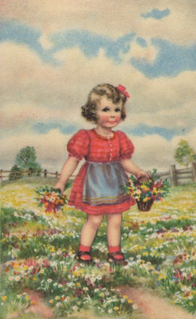 Historiskt vykort med en glad tjej på ängen, gratulationskort av Unknown artist
