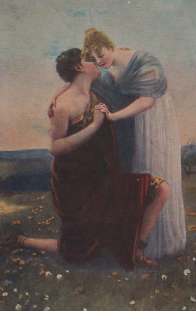 Historiskt gratulationskort med historiskt motiv, kvinna och medeltidens krigare av Unknown artist