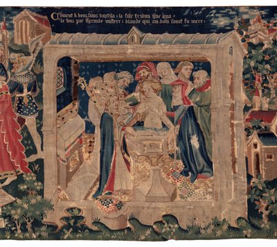 Historia om Saint Piat och Saint Eleuthère, Scen 13: dop av Blanda (Hur de goda helgonen döpte dottertribunen som samlade in pengar genom mycket stort mysterium: Blande som var mor till det goda helgonet). av Unknown artist