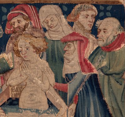 Historia om Saint Piat och Saint Eleuthère, Scen 13: dop av Blanda (Hur de goda helgonen döpte dottertribunen som samlade in pengar genom mycket stort mysterium: Blande som var mor till det goda helgonet). Detalj. av Unknown artist