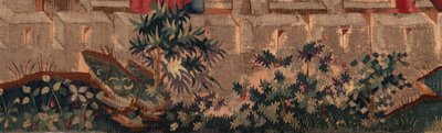 Historia om Saint Piat och Saint Eleuthère, scen 5 Detalj till vänster nedan. Stadsmurar och buskar. av Unknown artist