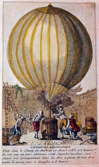 Ballongernas historia: aerostatisk upplevelse utförd på Champ de Mars i Paris den 27/08/1783: ballongen är fylld med vätgas av Jacques Charles (1746-1823). Gravyr av 1700-talets Paris, B.N. av Unknown artist
