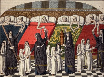 Sjukhusrum på Hotel Dieu i Paris. Goda systrar är designade av dygdernas namn: försiktighet, återhållsamhet, styrka och rättvisa. Gravyr efter en 1400-talsminiatyr. av Unknown artist