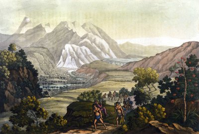 Humboldt och Bonpland korsar berget Quindiu på bärstolar. Från resan till Anderna av Alexander Von Humboldt (Alexandre de Humboldt av Unknown artist