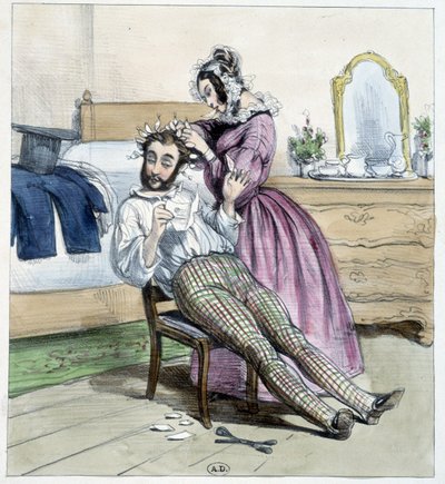 Humoristisk teckning på otroheten hos en dandy som görs med sin fästmös brev - teckning av Unknown artist
