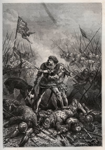 Hundraåriga krig: Frankrikes kung Johannes II den gode och hans son Filip II av Bourgogne (1342-1404), känd som "Philippe le Hardi", slåss mot engelsmännen i slaget vid Poitiers den 19/09/1356) (Kung av Frankrike Johannes II av Frankrike (1319-1364) och ha av Unknown artist