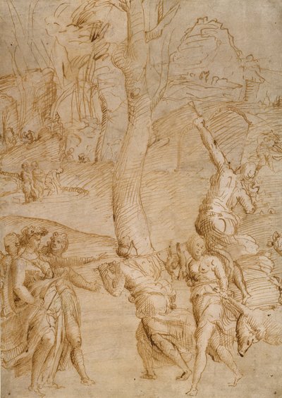 Jaktscen (recto); Två studier av ett par liggande flodgudar (), en sarkofagfront () verso av Unknown artist