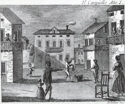 Il Campiello Akt I - Carlo Goldoni (1707-1793) - Gravyr från 1700-talet av Unknown artist