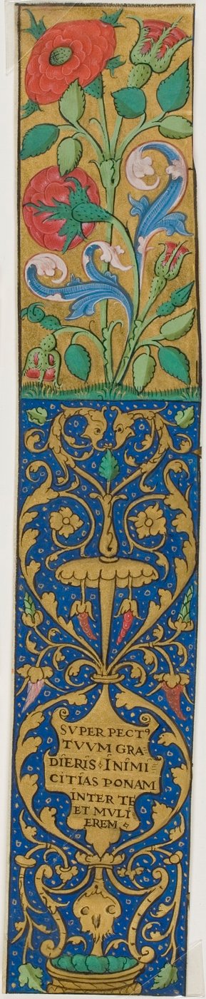 Illuminerad bård med flora och grotesker från ett manuskript av Unknown artist