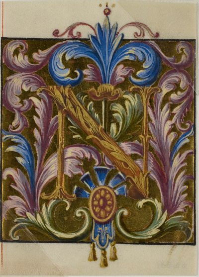 Illuminerad initial "N" med akantusblad från en körbok av Unknown artist