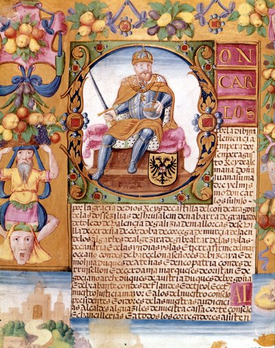 Upplyst porträtt av kejsar Karl V (1500 - 1558). Detalj av en "" exekutoria"" av Unknown artist