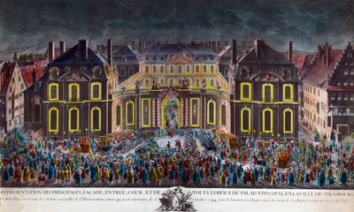Belysningar av biskopspalatset i staden Strasbourg under de firanden som staden gav under kung Ludvig XV:s vistelse (1710-1774) i konvalescens efter en allvarlig sjukdom den 5/10/1744. Period Print Privat Samling av Unknown artist