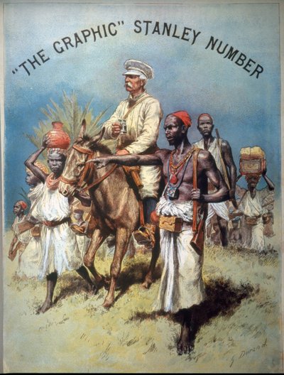 Illustration som visar upptäcktsresande och journalist Henry Morton Stanley (1841-1904) under en av hans expeditioner. Kromolitografi. av Unknown artist
