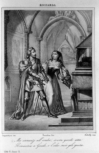 Illustration för scen 2 av akt II av "Ricciarda"" av den italienske poeten och dramatikern Ugo Foscolo (1778-1827) 1800-talet av Unknown artist
