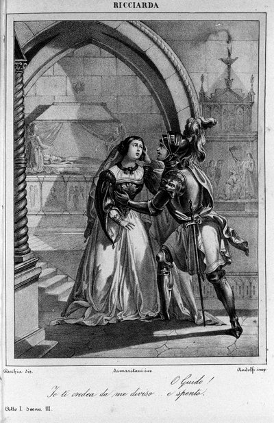 Illustration till scen 3 i akt I av "Ricciarda"" av den italienske poeten och dramatikern Ugo Foscolo (1778-1827) 1800-talet av Unknown artist