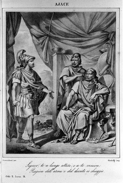Illustration för scen 9 i akt II av "" Ajax"" (Aiace) av den italienske poeten och dramatikern Ugo Foscolo (1778-1827) 1800-talet av Unknown artist