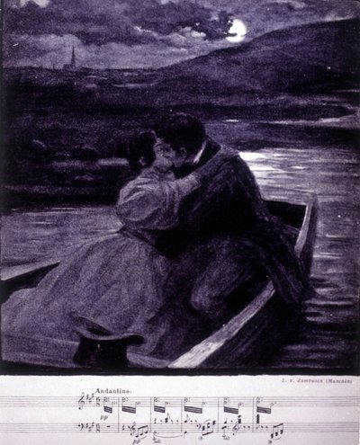 Illustration för Beau Donau Bleu av Johann Strauss (1825-1899), österrikisk dirigent och kompositör. av Unknown artist