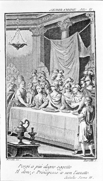 Illustration av Sémiramis, opera av Antonio Salieri (1750 - 1825). Häfte av Pierre Metastase (eller Pietro Metastasio). Akt II, sc. II. av Unknown artist
