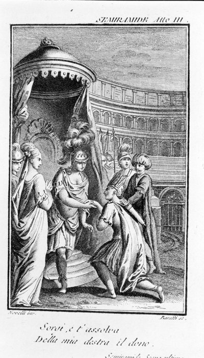 Illustration av Sémiramis, opera av Antonio Salieri (1750 - 1825). Häfte av Pierre Metastase (eller Pietro Metastasio). Akt III, sista scen. av Unknown artist