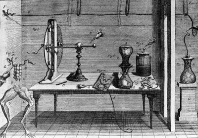 Illustration av experiment av Luigi Galvani, italiensk fysiker och läkare (1737 - 1798) som förklarar passagen av elektrisk ström som rör benen på en groda. av Unknown artist