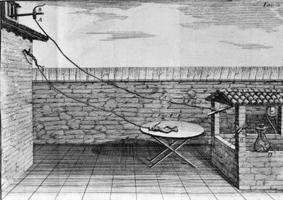 Illustration av experiment av Luigi Galvani, italiensk fysiker och läkare (1737 - 1798) som förklarar passagen av elektrisk ström som rör benen på en groda. av Unknown artist