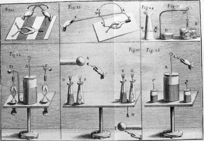 Illustration av experiment av Luigi Galvani, italiensk fysiker och läkare (1737 - 1798) som förklarar passagen av elektrisk ström som rör benen på en groda. av Unknown artist