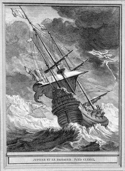Illustration av fabeln "" Jupiter och passageraren"" av Jean de La Fontaine av Unknown artist
